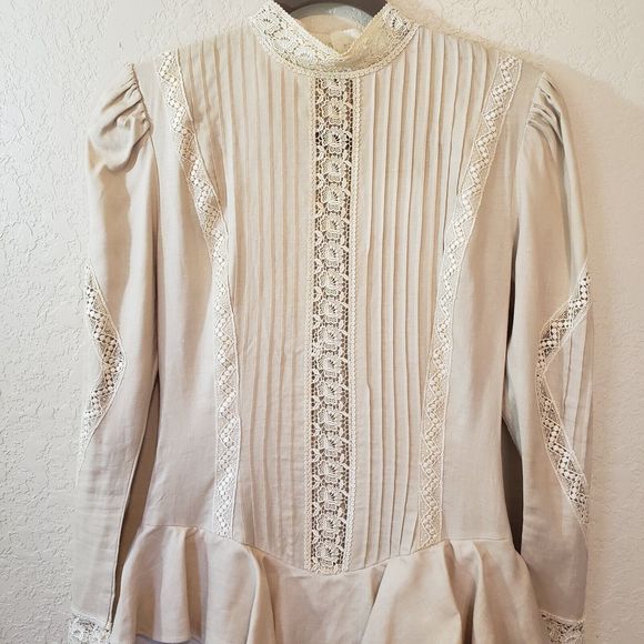 Jessica McClintock Vintage Beige Linen Peplum Ruffle Dress Exquisite, Sz 6 - Picture 4 of 16